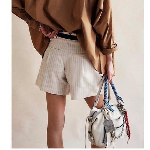 #8 NWT Free People Perfect Prep Trouser Shorts in Ivory/Black PinStripe - Picture 3 of 4